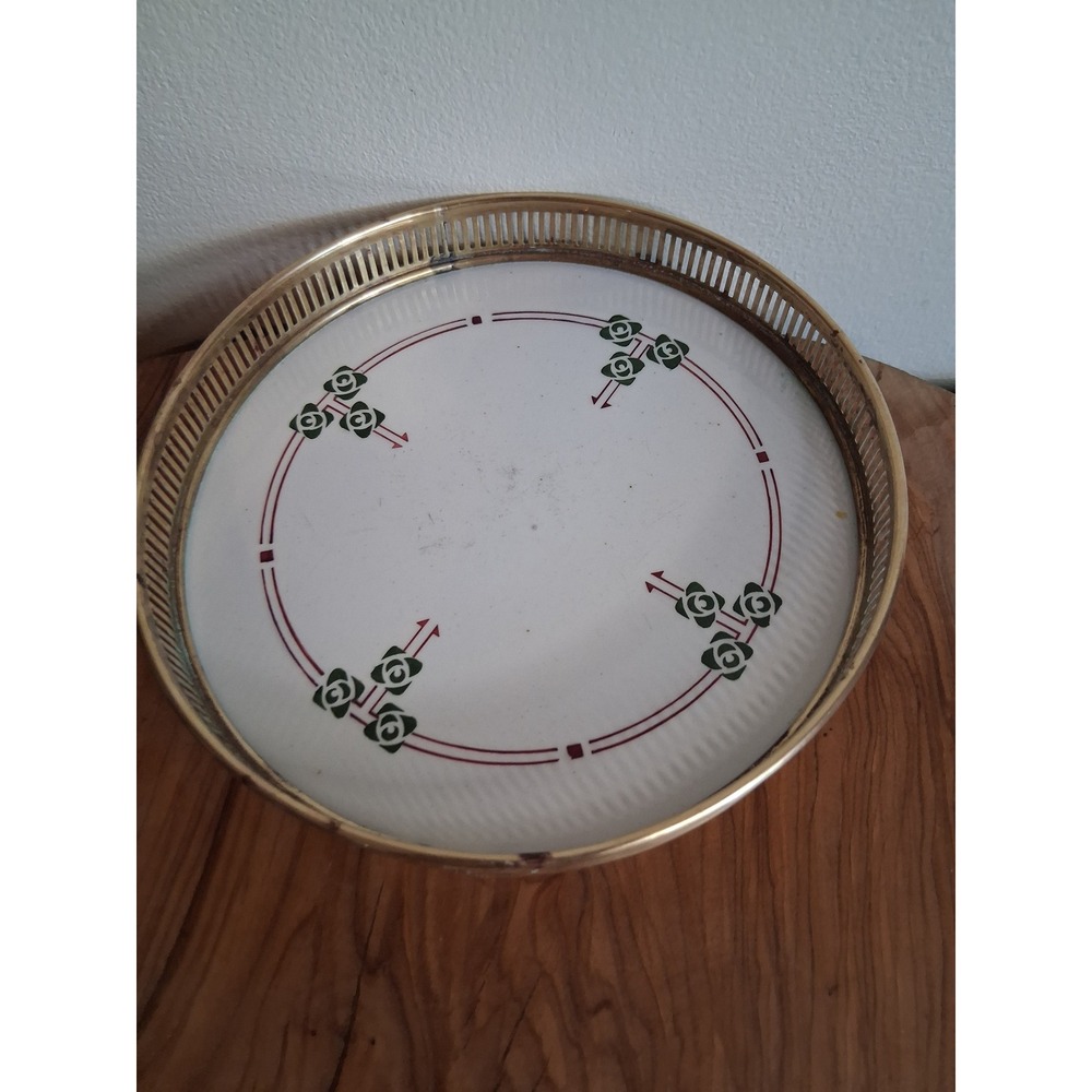 Vintage Art Deco Round Vanity Tray Brass Gallery Rim Green Rose Ceramic 6 Inch